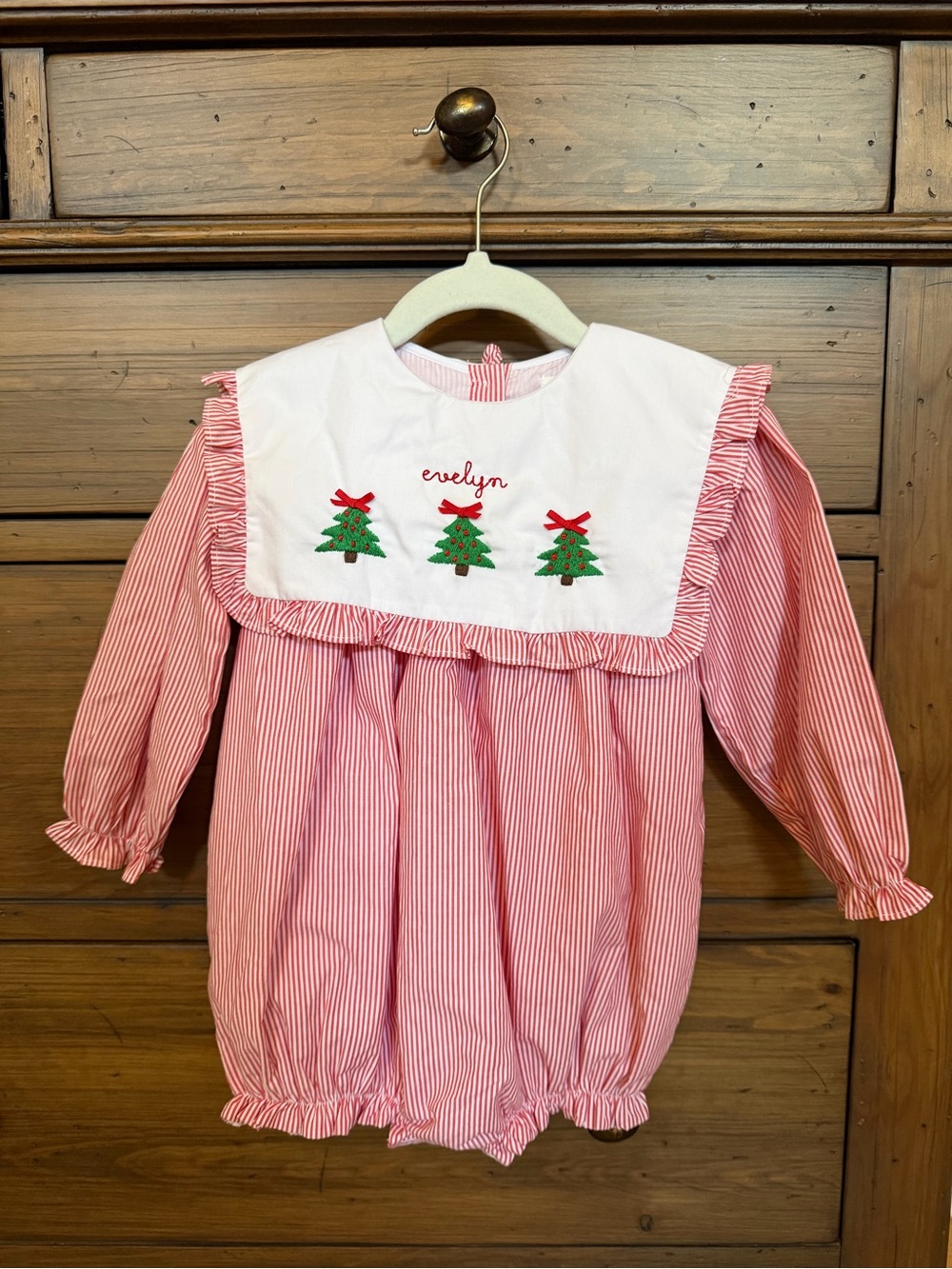 Personalized Pink Striped Kids One-Piece with Embroidered Trees